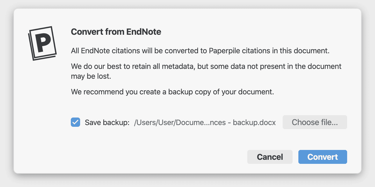 The “Convert from EndNote” dialog warning that all EndNote citations will be converted and some metadata may be lost, with a ticked “Save backup” option and Cancel and Convert buttons.